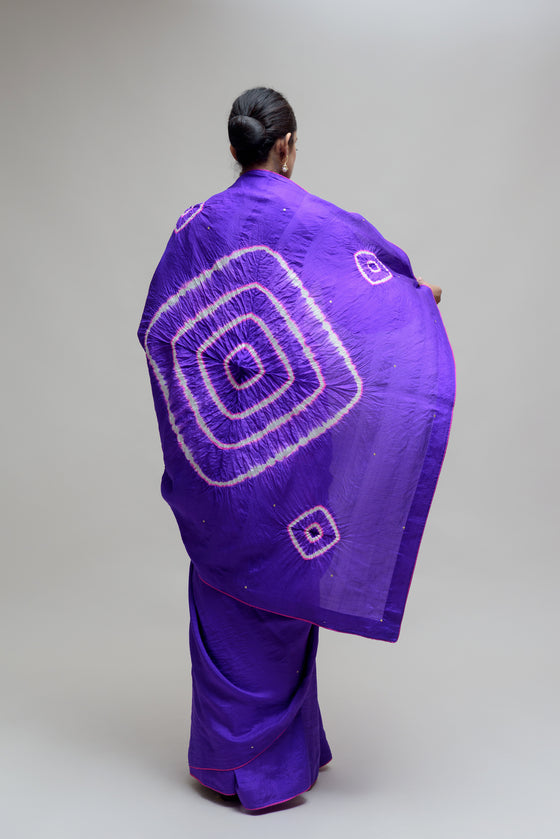 Silk Hand Dyed Saree with Bandhani Blouse - Purple