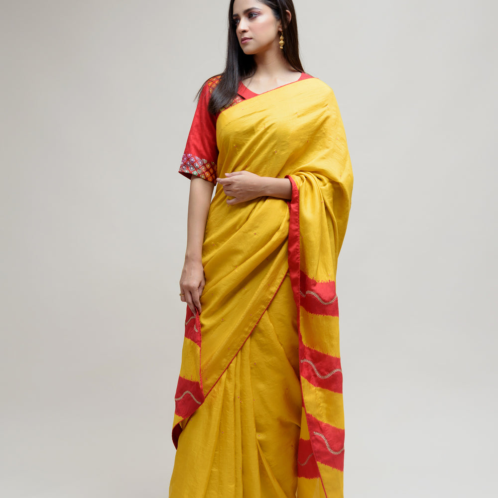 
                      
                        Silk Saree with Striped Colour Blocked Palla - Yellow Red
                      
                    