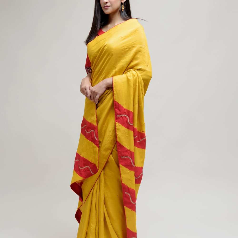 
                      
                        Silk Saree with Striped Colour Blocked Palla - Yellow Red
                      
                    