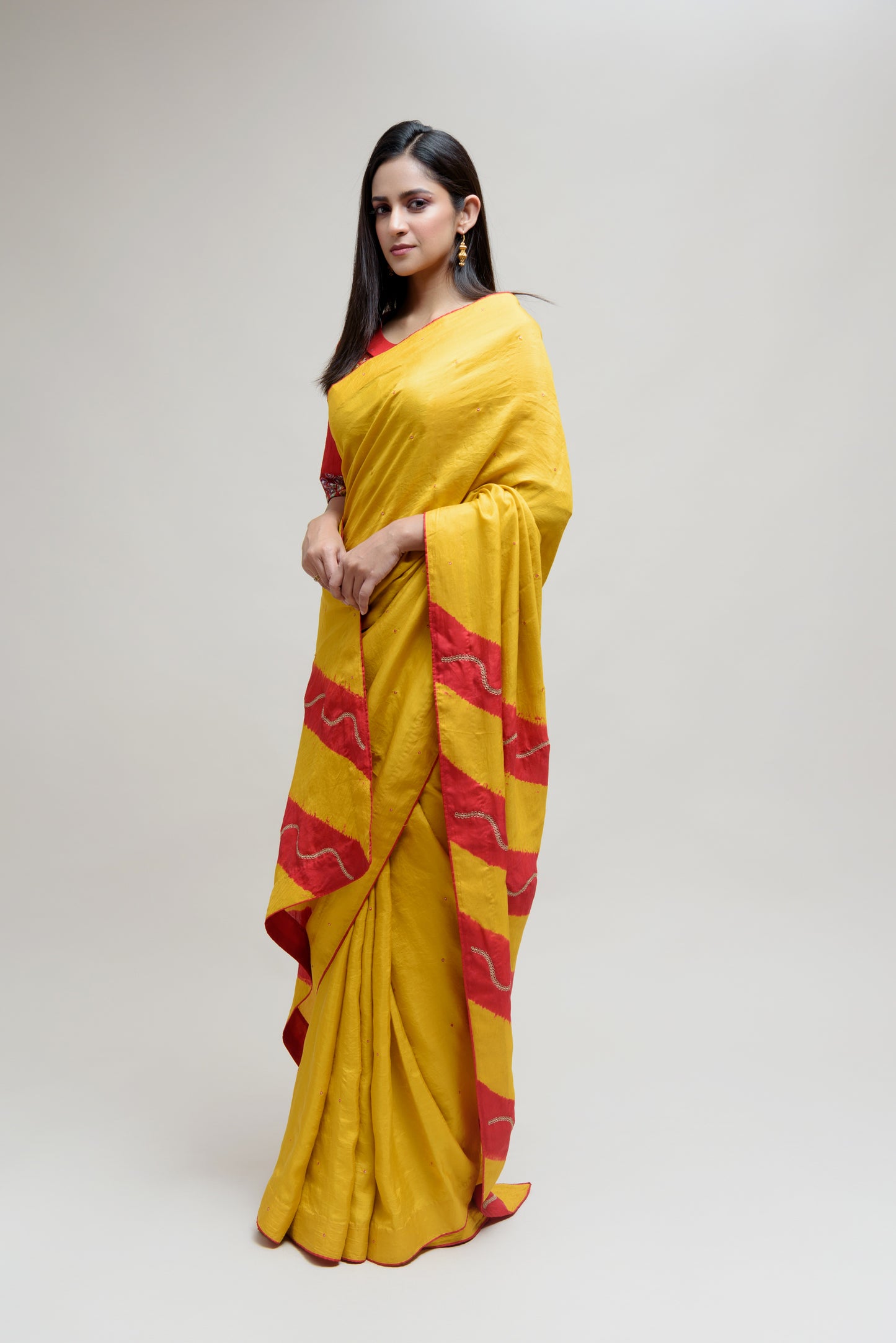 Silk Saree with Striped Colour Blocked Palla - Yellow Red