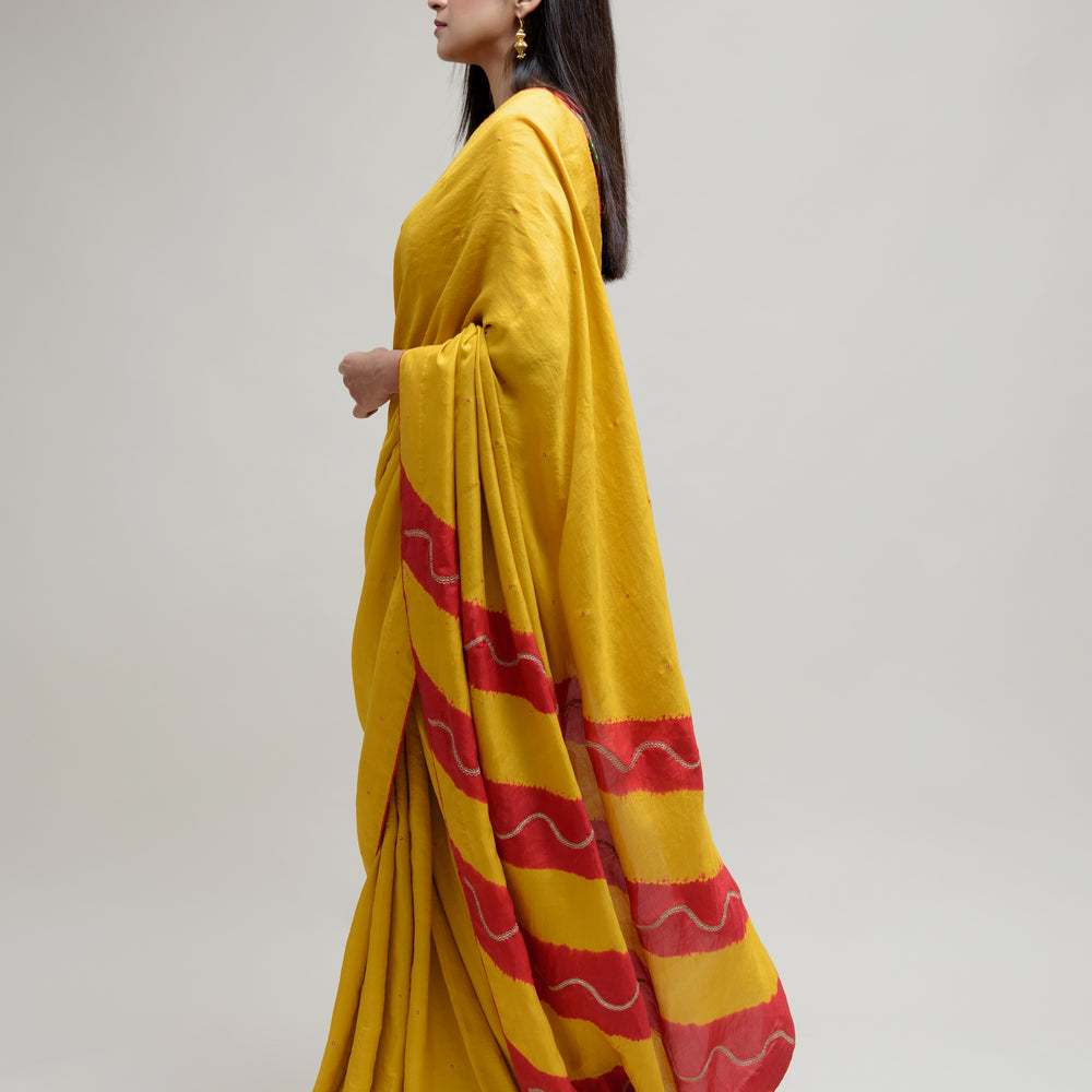 
                      
                        Silk Saree with Striped Colour Blocked Palla - Yellow Red
                      
                    