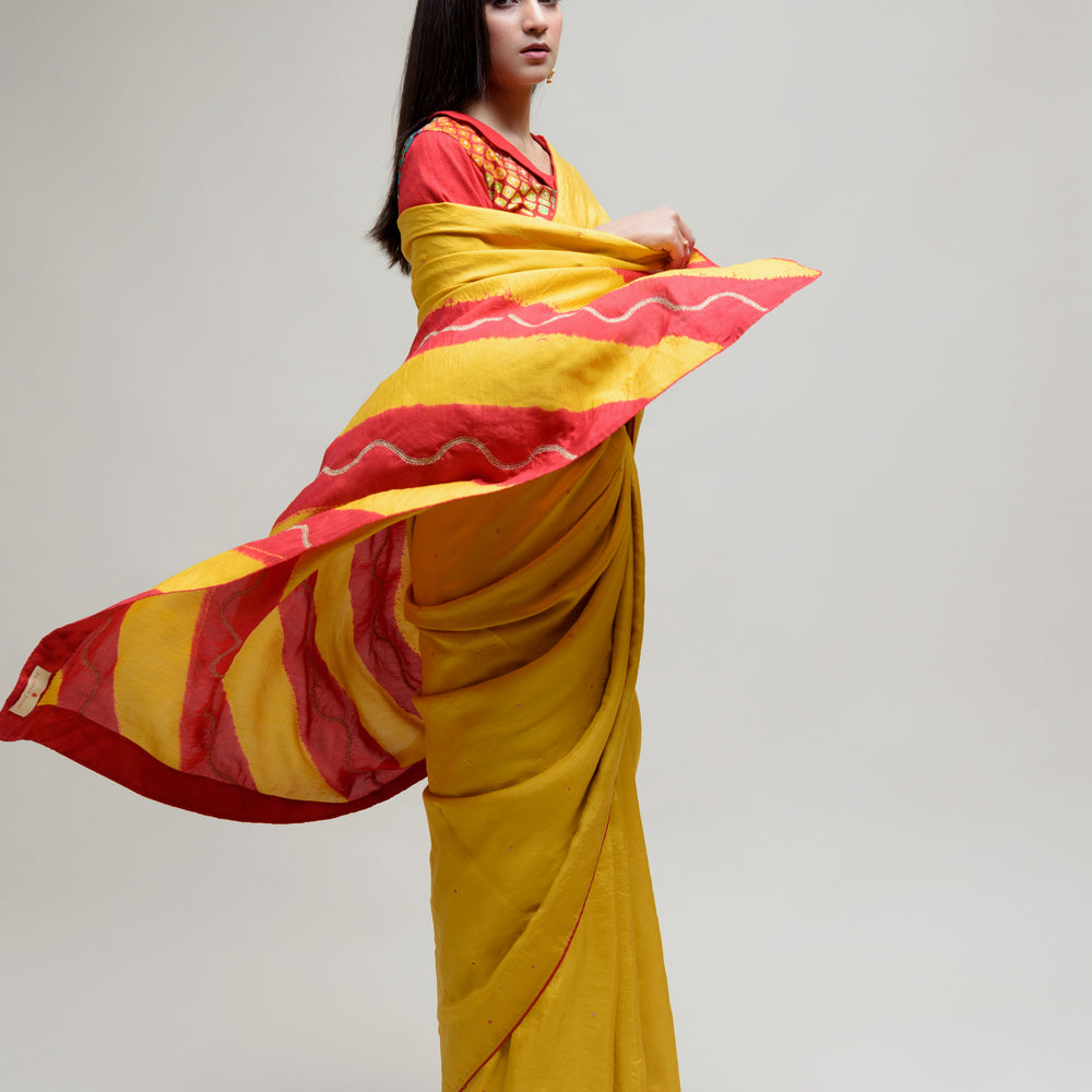 
                      
                        Silk Saree with Striped Colour Blocked Palla - Yellow Red
                      
                    