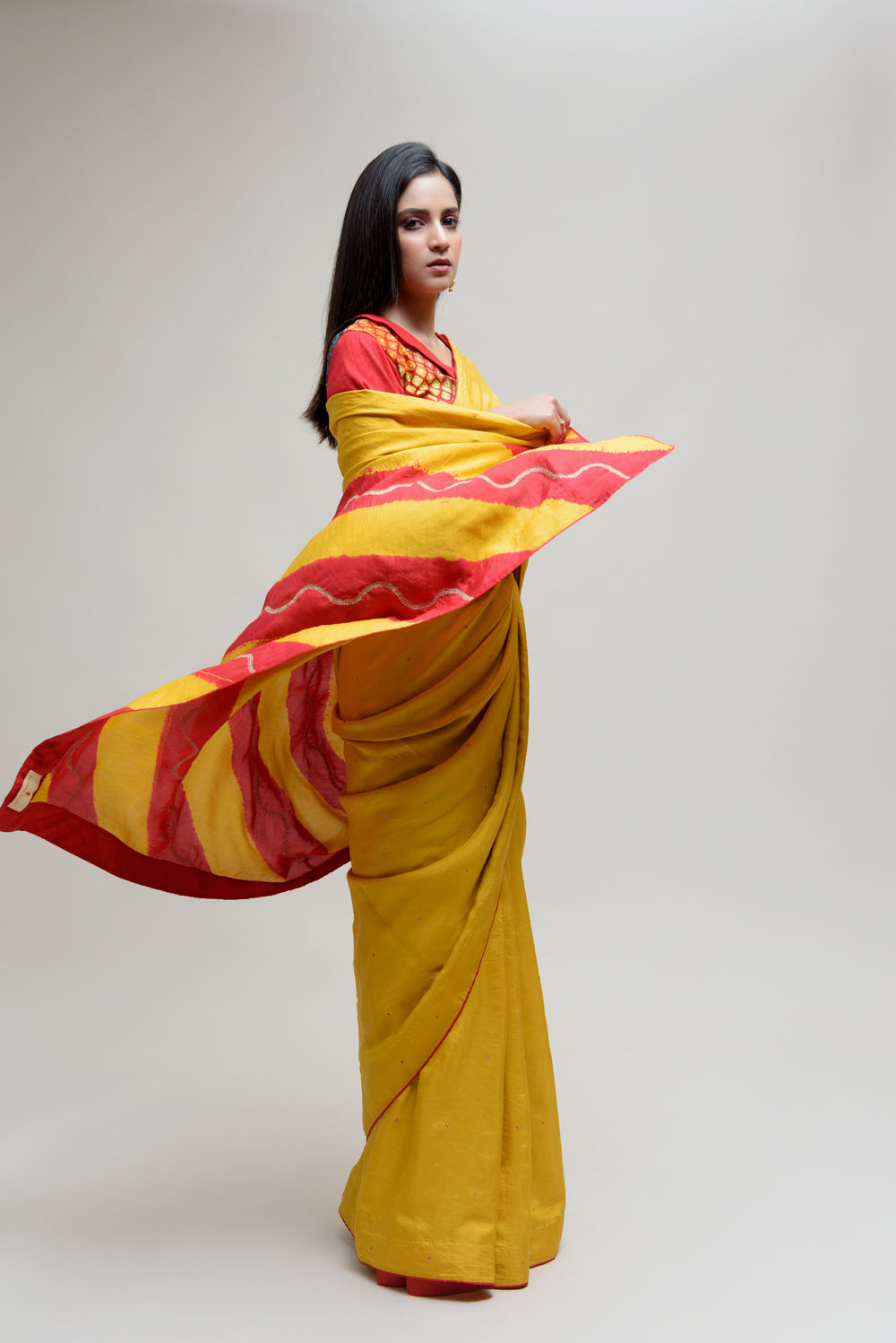 Silk Saree with Striped Colour Blocked Palla - Yellow Red