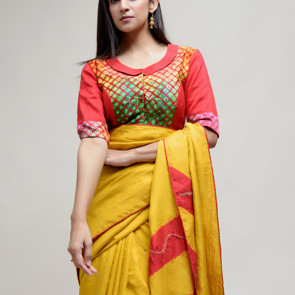 
                      
                        Silk Saree with Striped Colour Blocked Palla - Yellow Red
                      
                    