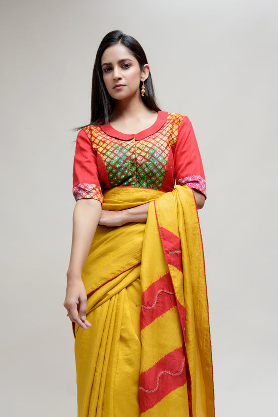 Silk Saree with Striped Colour Blocked Palla - Yellow Red