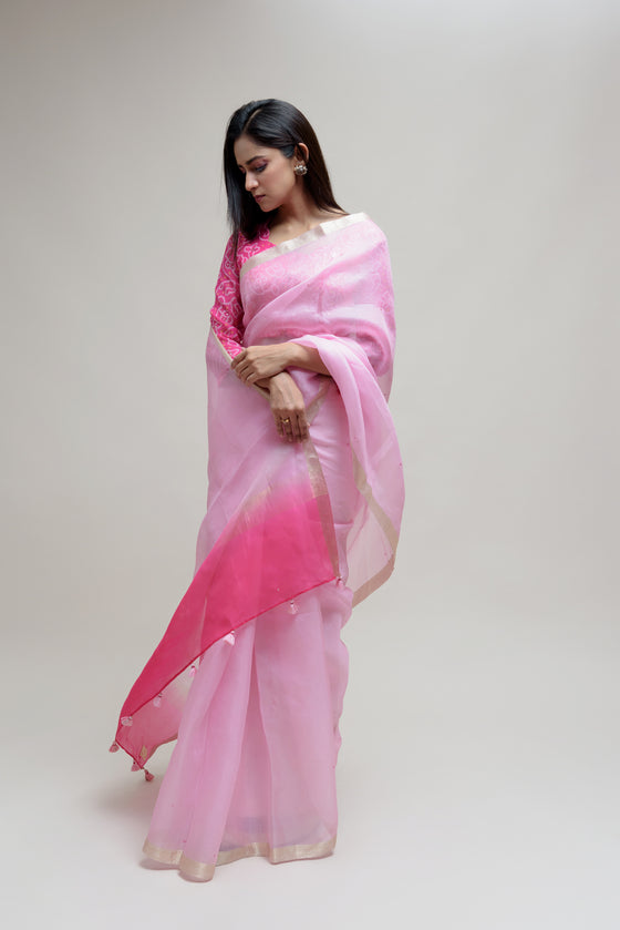 Green Jal work Banarasi Saree with Pink Border – Keya Seth Exclusive