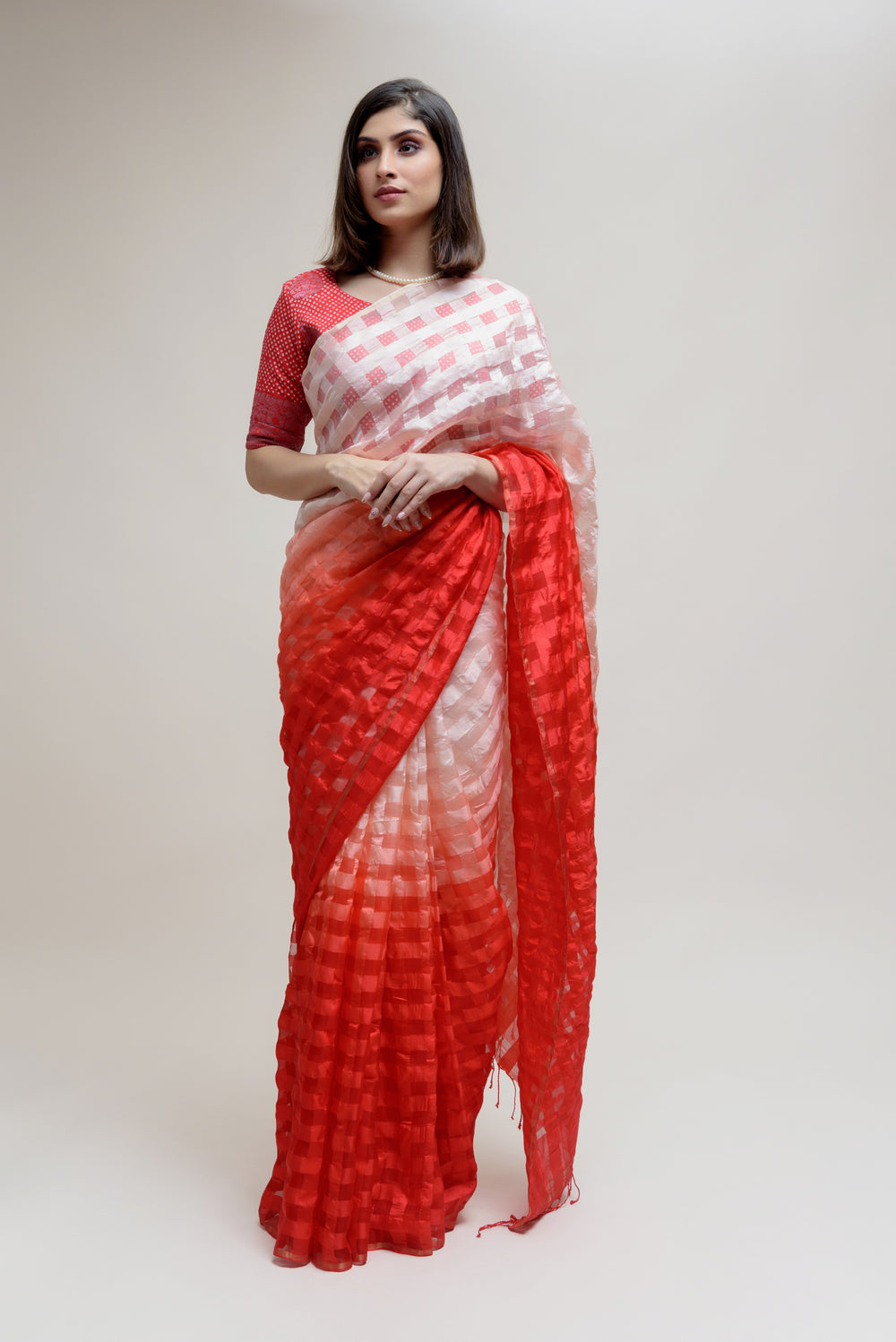 Silk Organza Saree with Banarasi Bandhani Blouse - Red