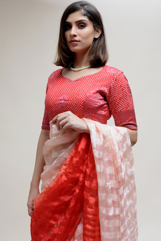 Silk Organza Saree with Banarasi Bandhani Blouse - Red