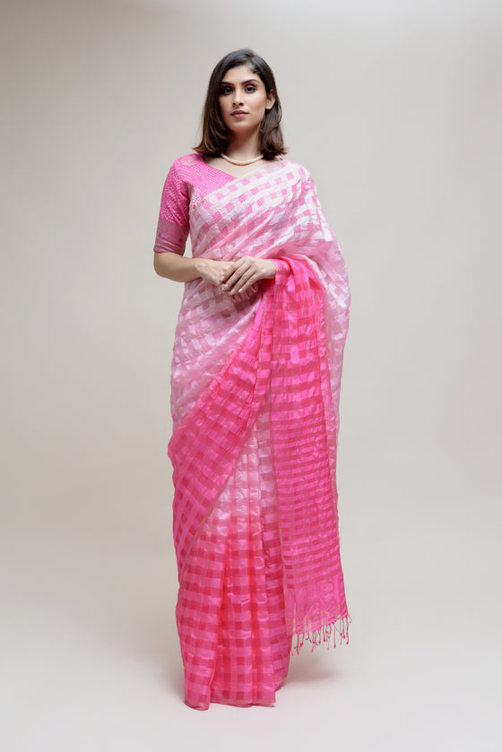 Silk Organza Saree with Banarasi Bandhani Blouse - Pink