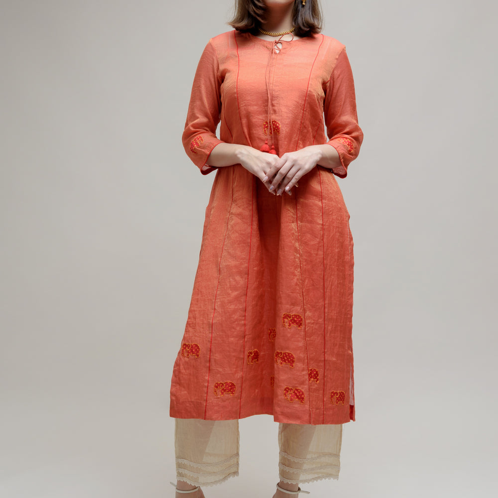 Applique Bandhani on Chanderi Tissue Kurta - Orange