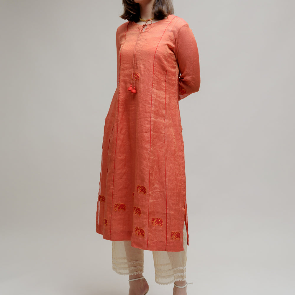 Applique Bandhani on Chanderi Tissue Kurta - Orange