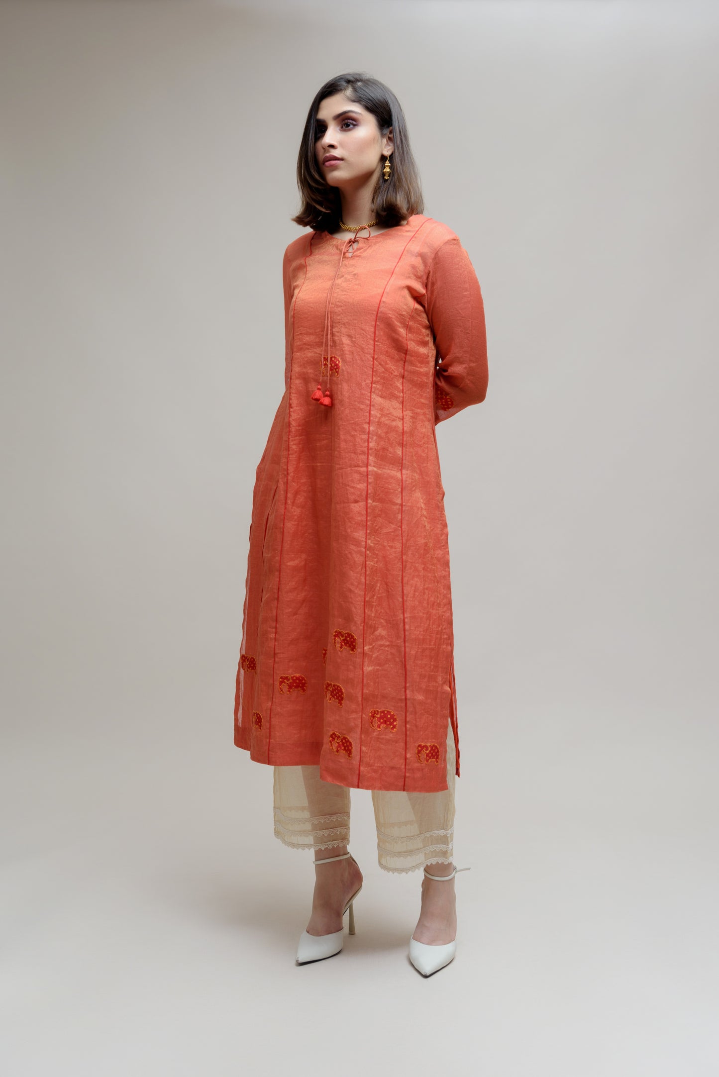 Applique Bandhani on Chanderi Tissue Kurta - Orange