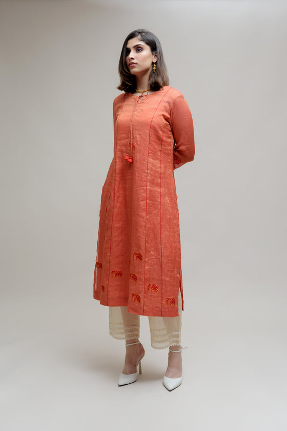 Applique Bandhani on Chanderi Tissue Kurta - Orange