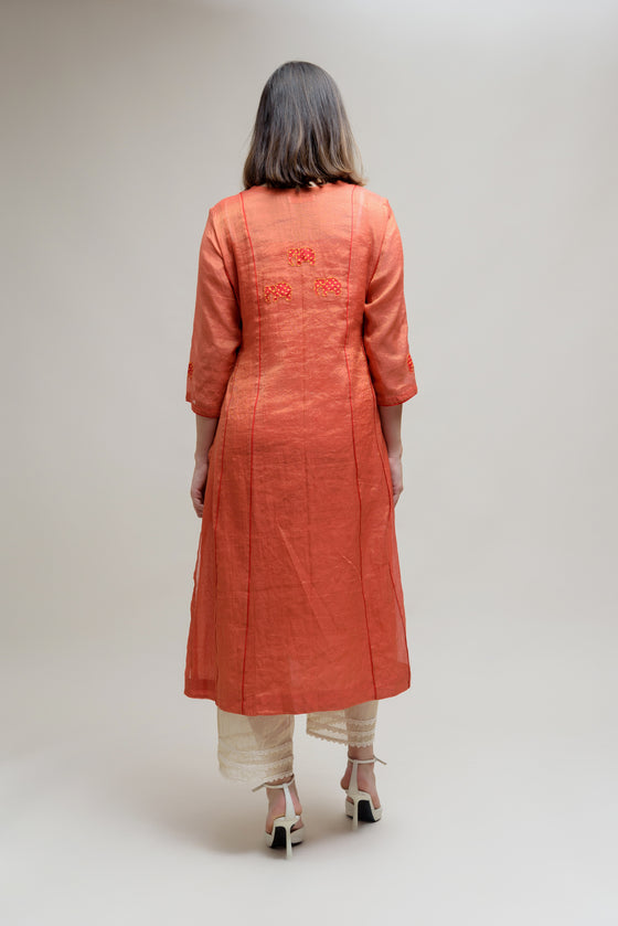 Applique Bandhani on Chanderi Tissue Kurta - Orange