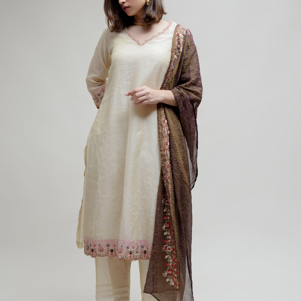 Chanderi Tissue Kurta - Off White Brown