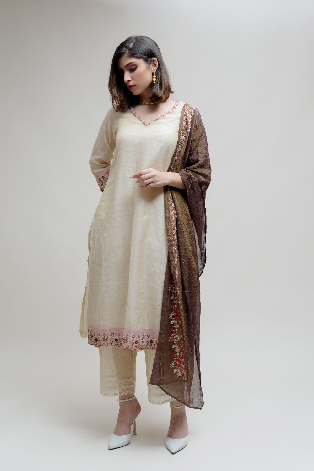 Chanderi Tissue Kurta - Off White Brown