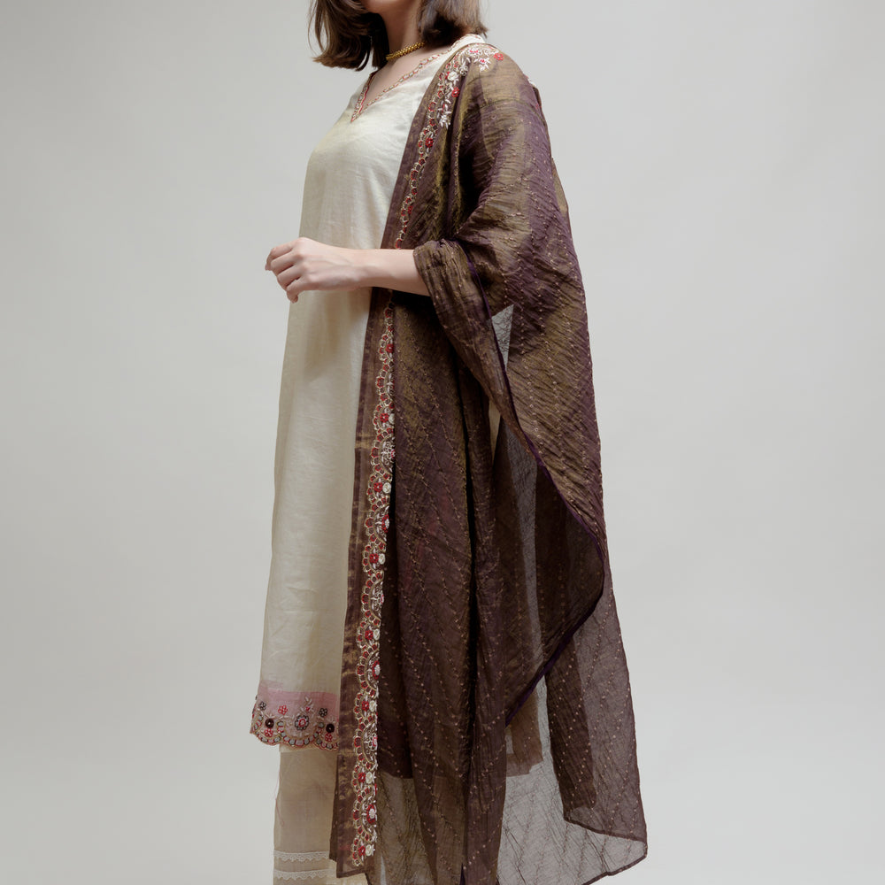 Chanderi Tissue Kurta - Off White Brown