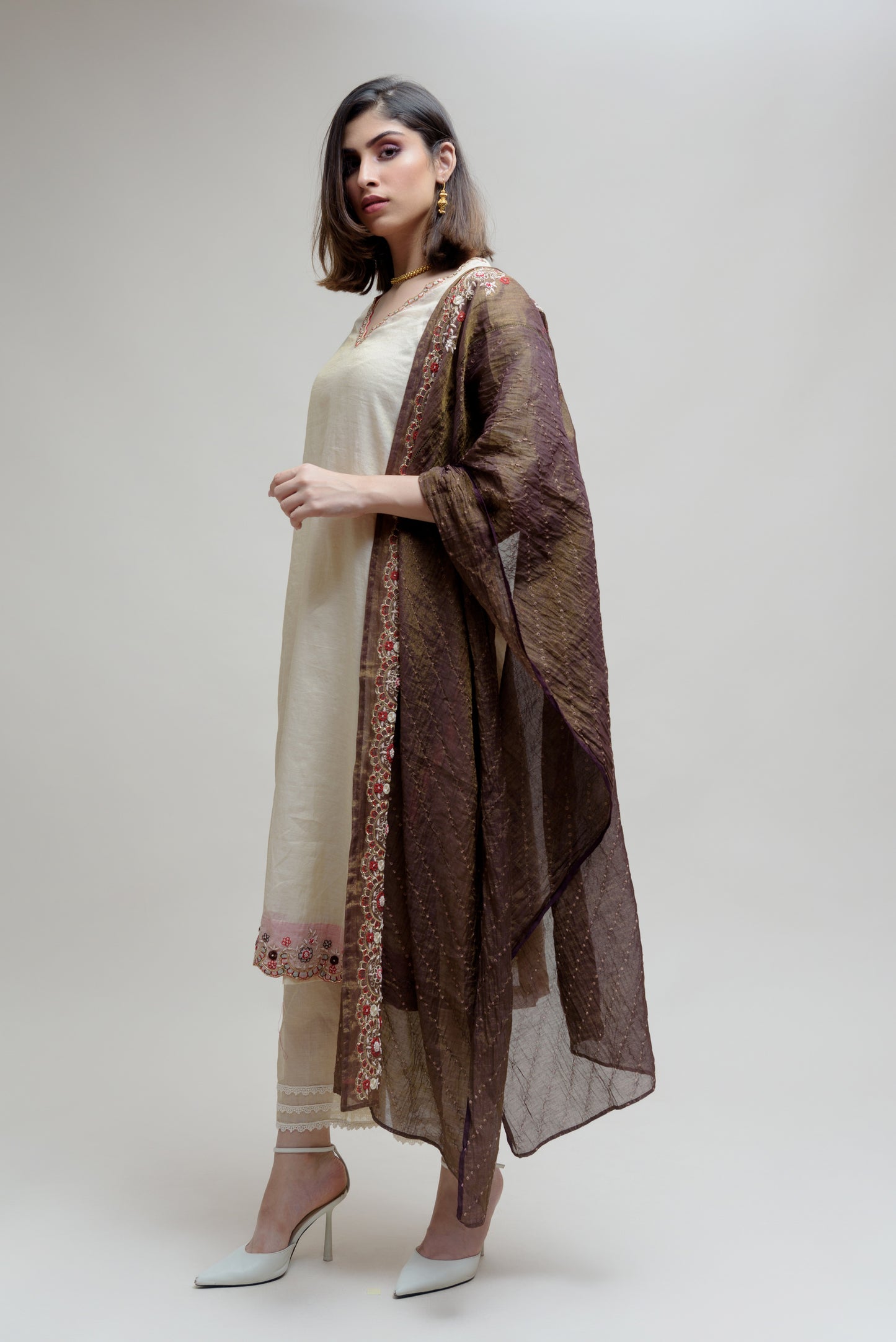 Chanderi Tissue Kurta - Off White Brown