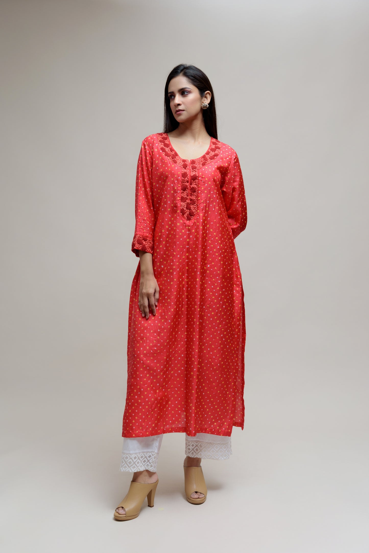 Bandhani Silk Kurta with Thread Work - Red