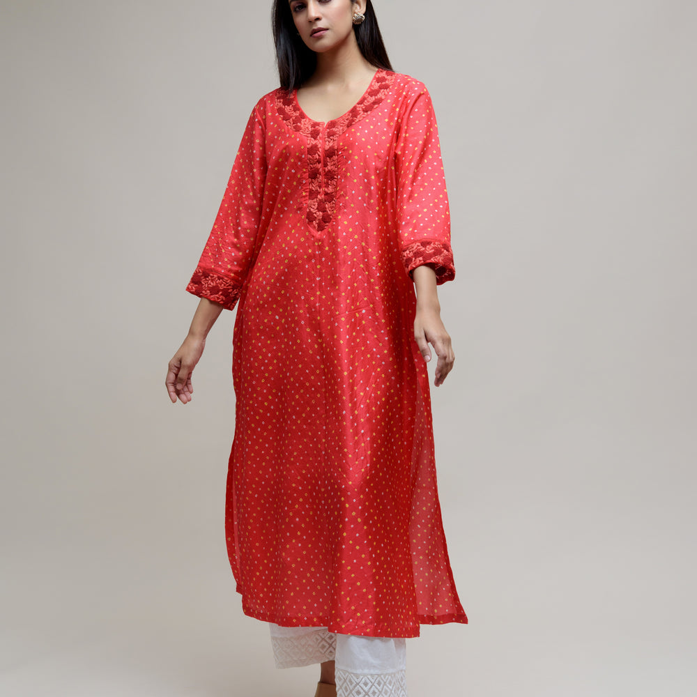 Bandhani Silk Kurta with Thread Work - Red