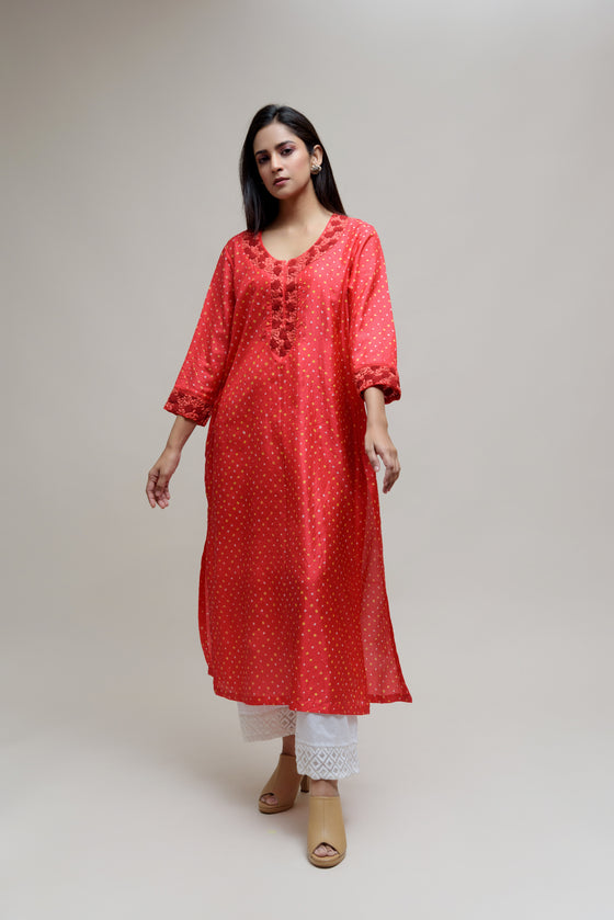 Bandhani Silk Kurta with Thread Work - Red