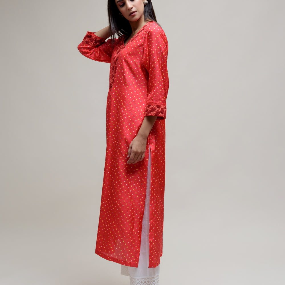 
                      
                        Bandhani Silk Kurta with Thread Work - Red
                      
                    