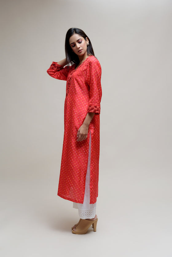 Bandhani Silk Kurta with Thread Work - Red