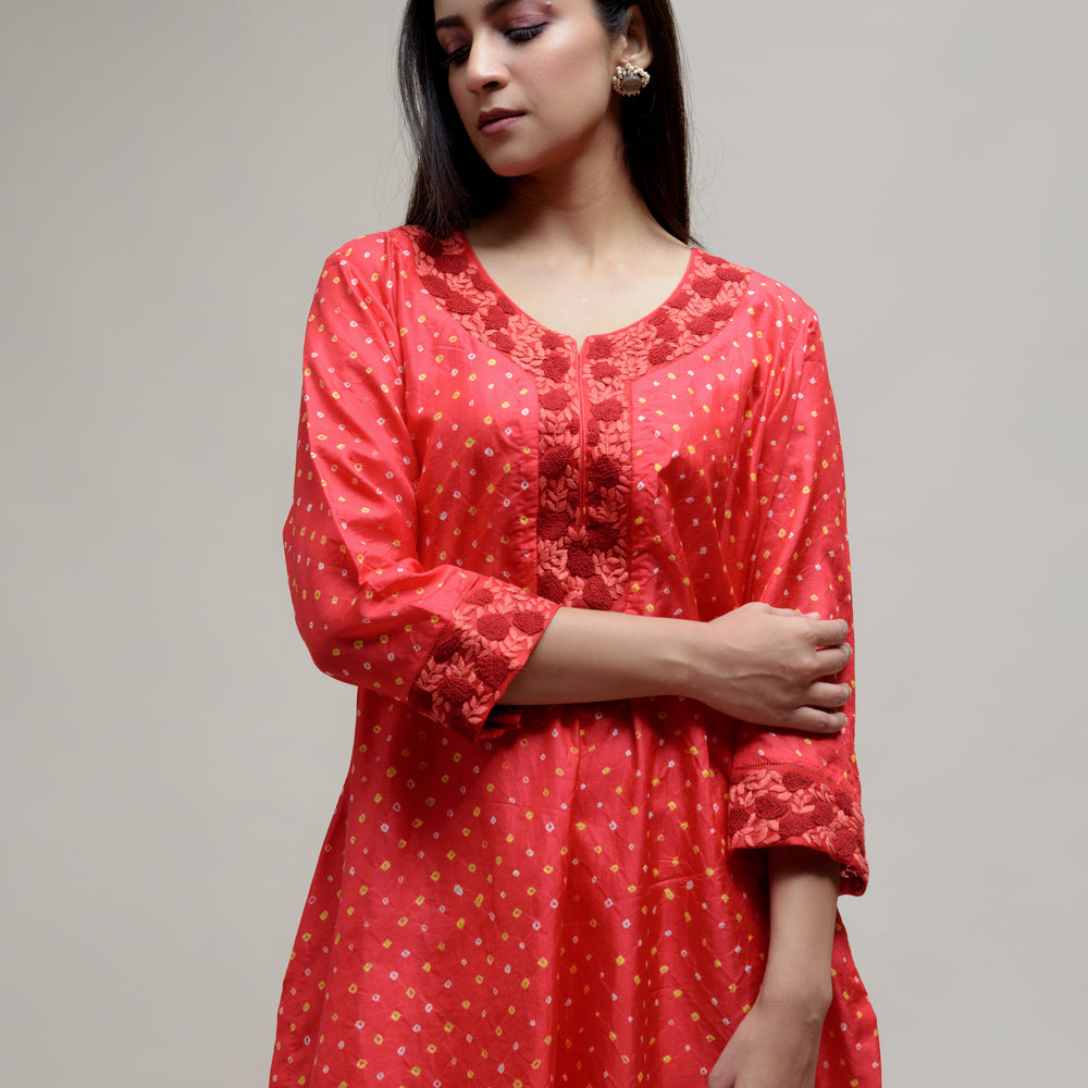 
                      
                        Bandhani Silk Kurta with Thread Work - Red
                      
                    