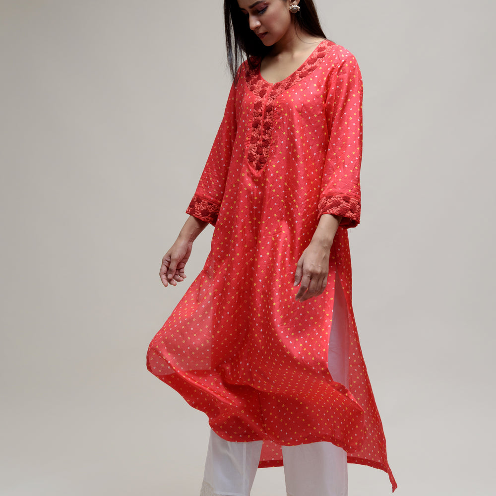 
                      
                        Bandhani Silk Kurta with Thread Work - Red
                      
                    