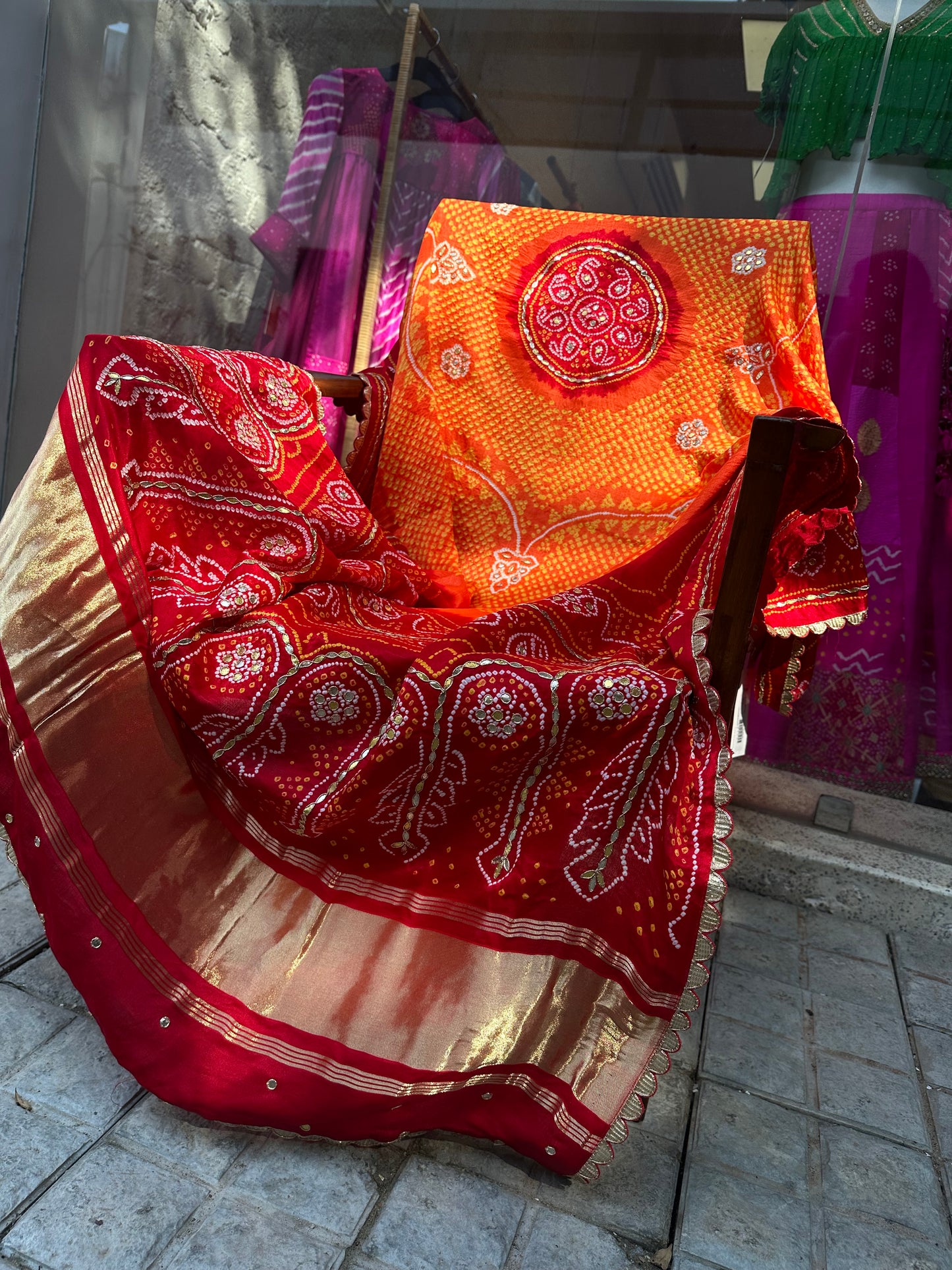 Orange Red Gaji Silk Bandhani Dupatta with Gota Patti