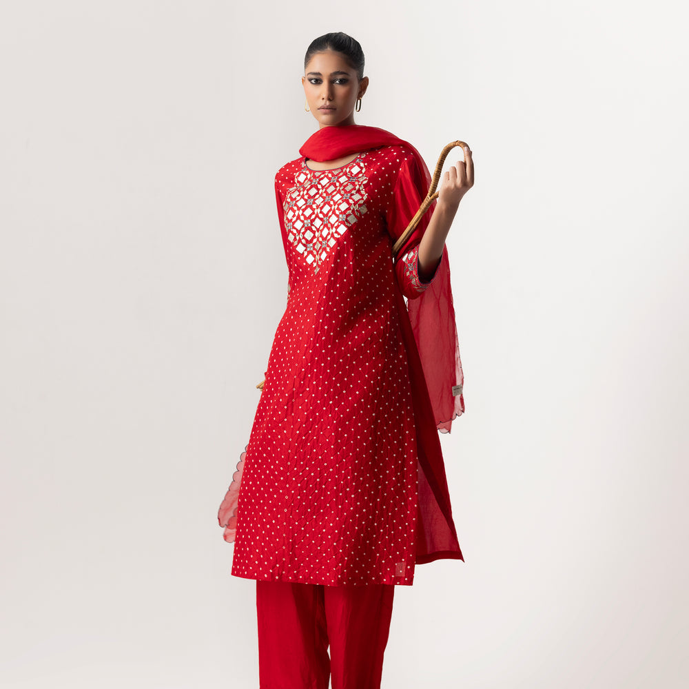 Gota Bandhani Suit Set By Naina Jain-Red