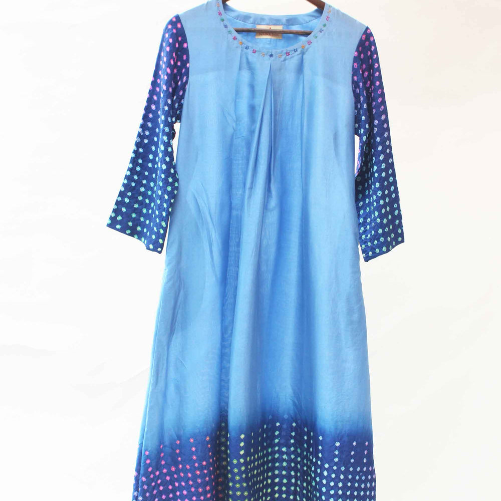 Bandhani Silk Kurta with Multi Colour Bandhani - Blue Shaded