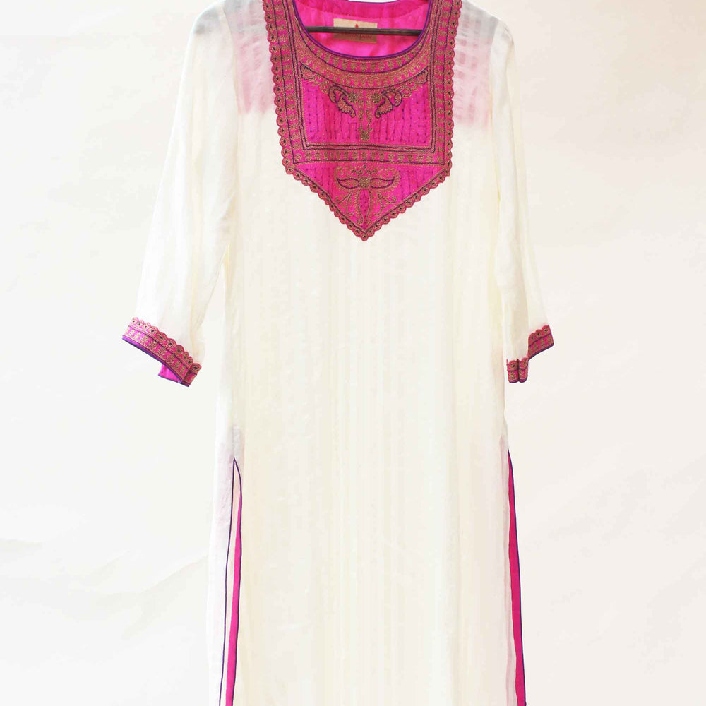 White Kurta Pants with Rani Embroidered Yoke