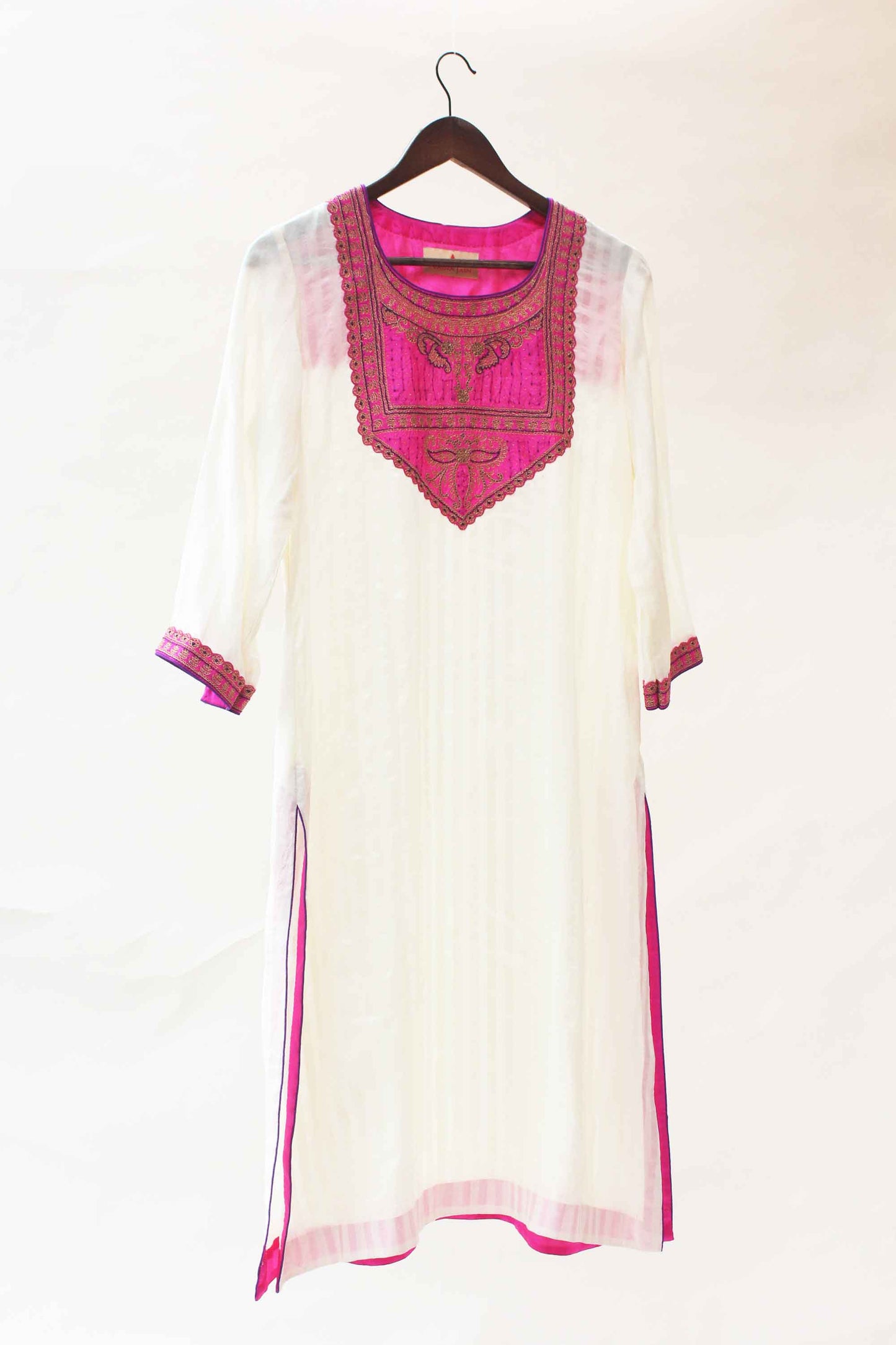 White Kurta Pants with Rani Embroidered Yoke