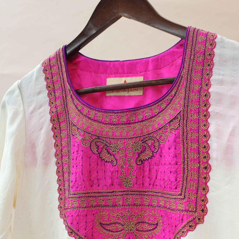 White Kurta Pants with Rani Embroidered Yoke