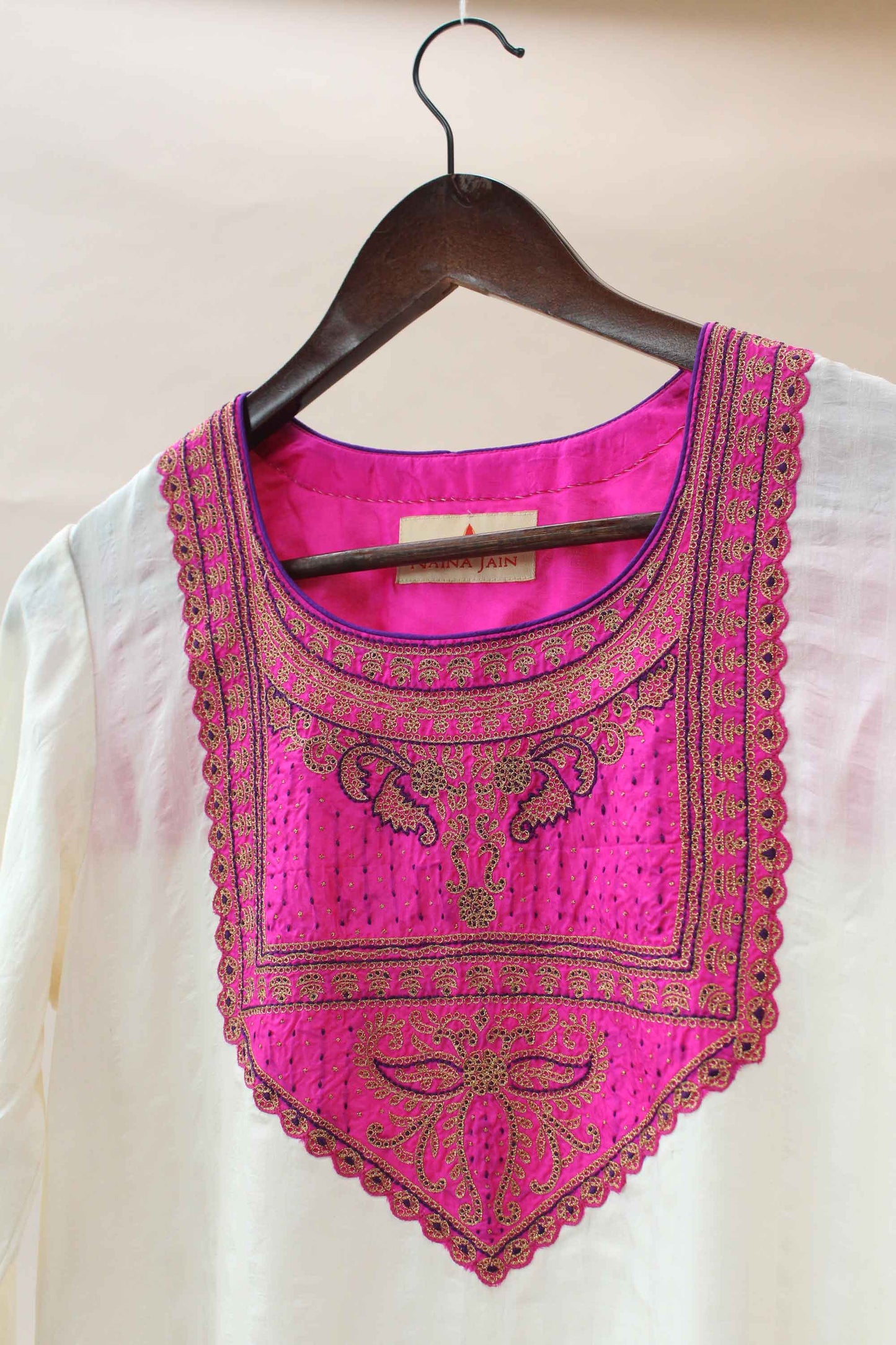 White Kurta Pants with Rani Embroidered Yoke