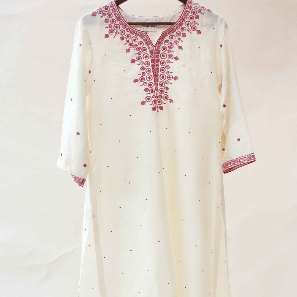 White Silk Kurta Pants with Mirror Work