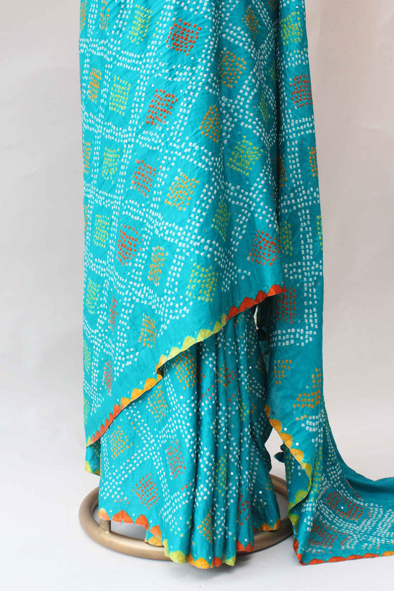 Multicoloured Bandhani on Gaji Silk Saree - Sea Blue