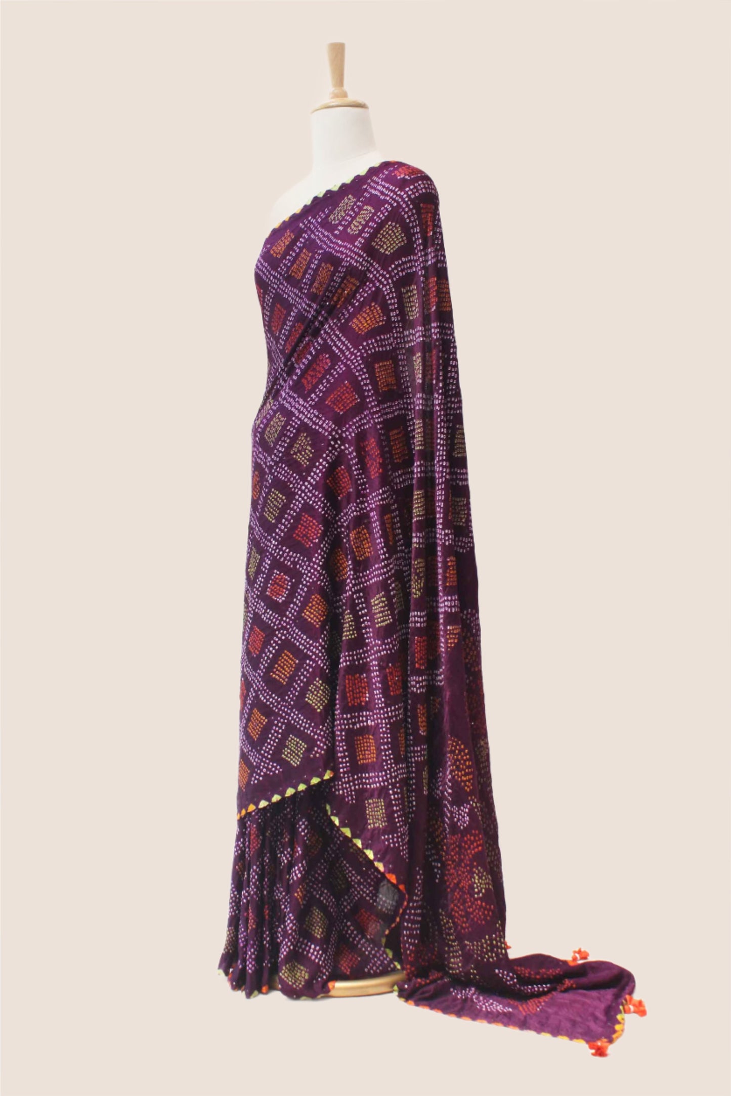 Multicoloured Bandhani on Gaji Silk Saree - Plum