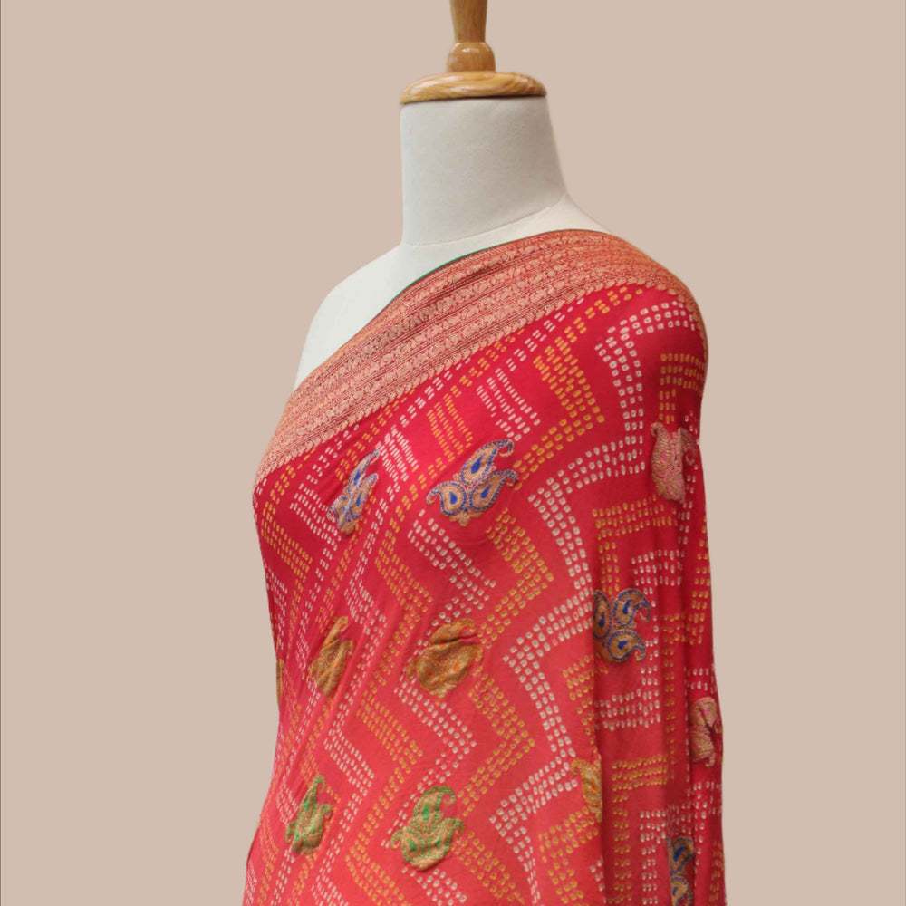 Peach Tomato Shaded Meenakari Banarasi Bandhani Saree