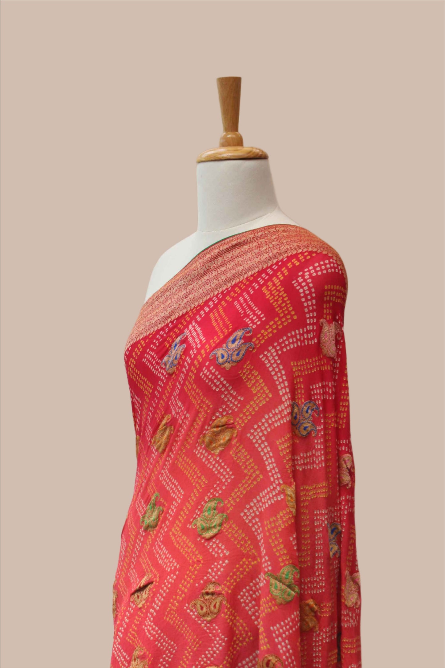 Peach Tomato Shaded Meenakari Banarasi Bandhani Saree