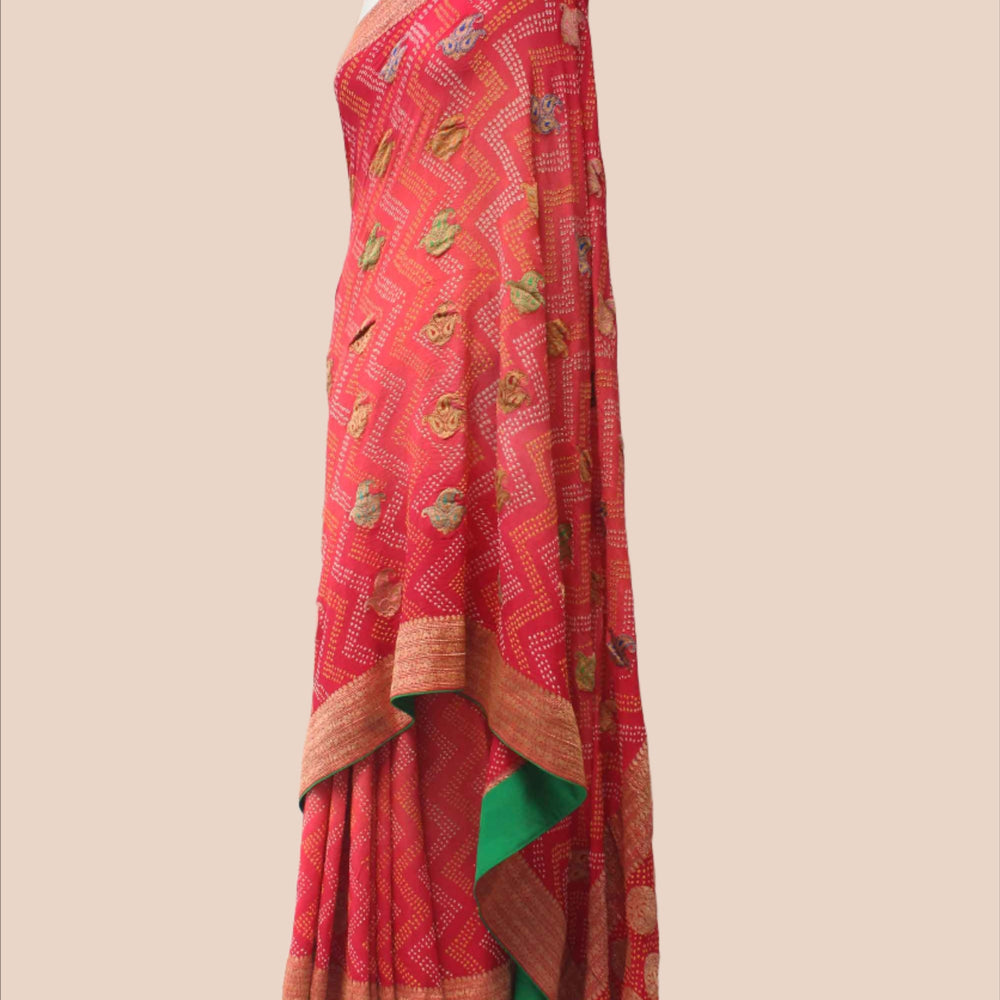 
                      
                        Peach Tomato Shaded Meenakari Banarasi Bandhani Saree
                      
                    