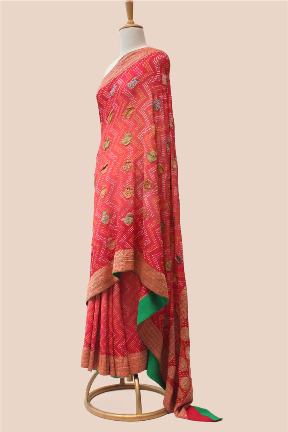 Peach Tomato Shaded Meenakari Banarasi Bandhani Saree