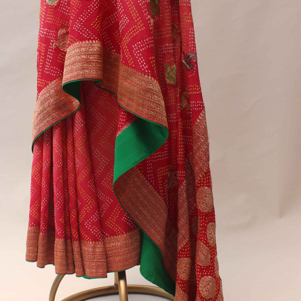 
                      
                        Peach Tomato Shaded Meenakari Banarasi Bandhani Saree
                      
                    