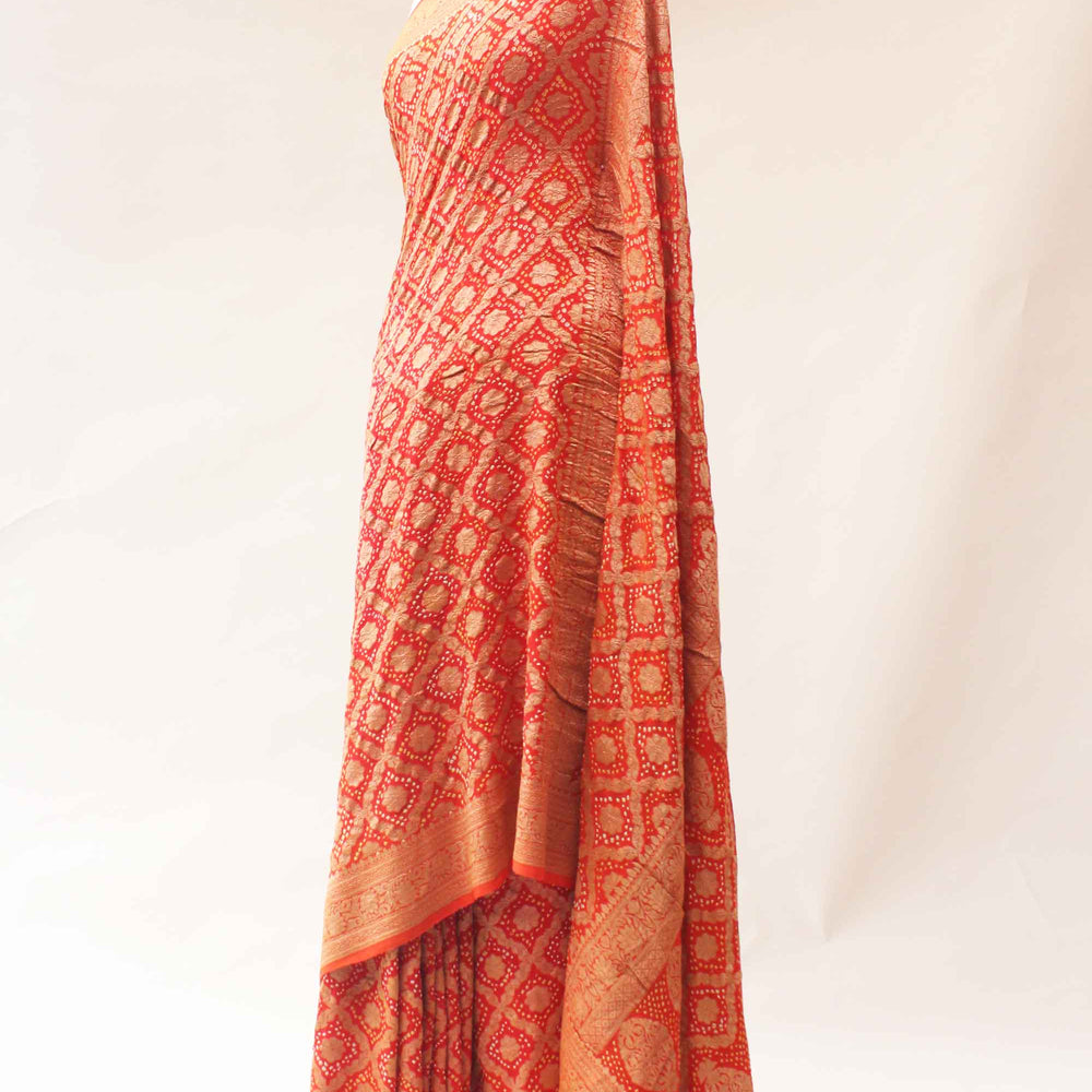 Orange Red Shaded Banarasi Bandhani Saree