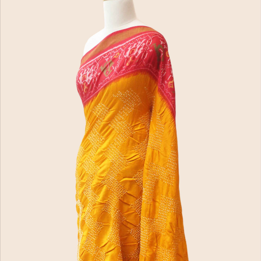 Haldi Yellow and Red Patola Border Saree with Bandhani