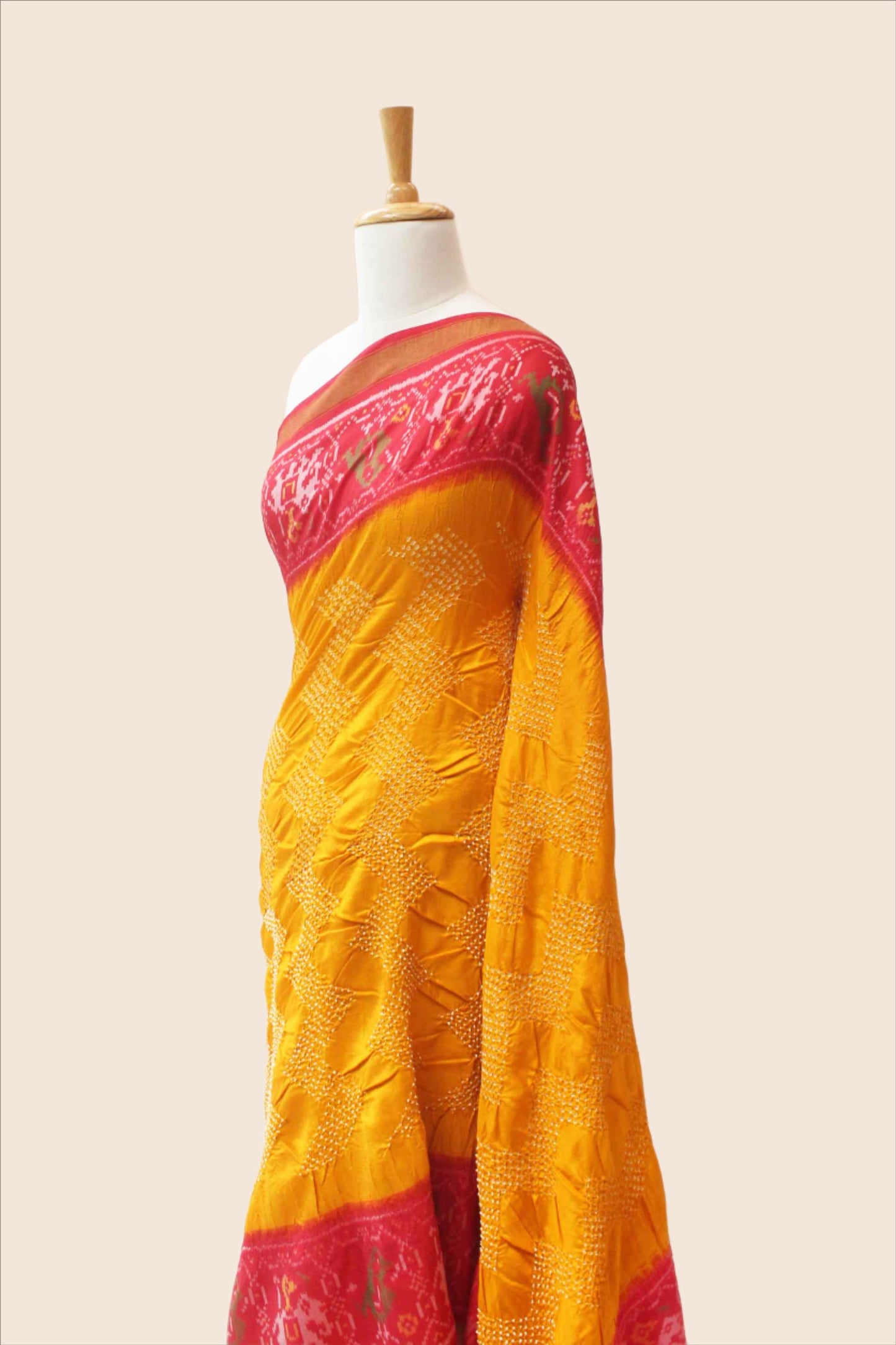 Haldi Yellow and Red Patola Border Saree with Bandhani