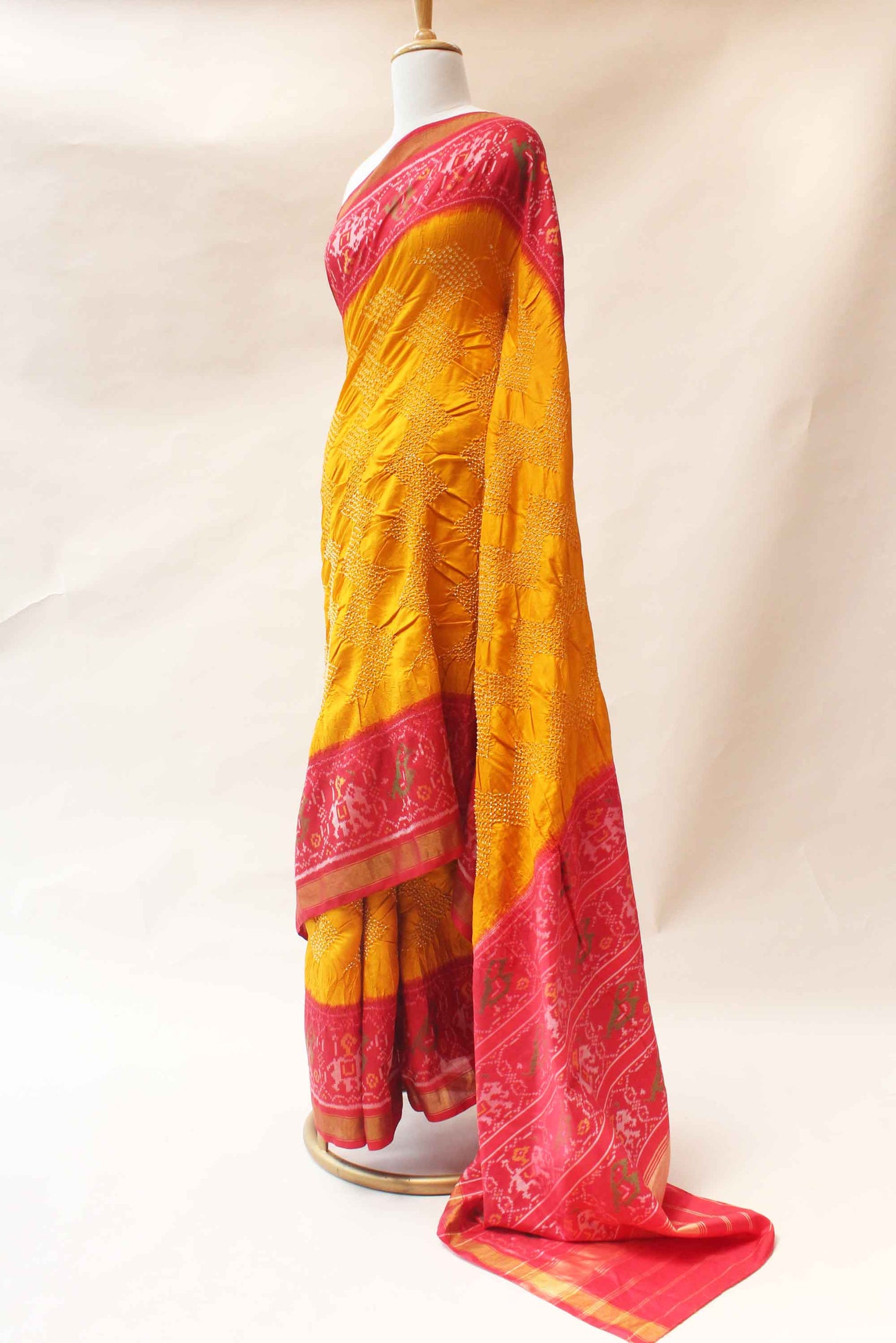 Haldi Yellow and Red Patola Border Saree with Bandhani