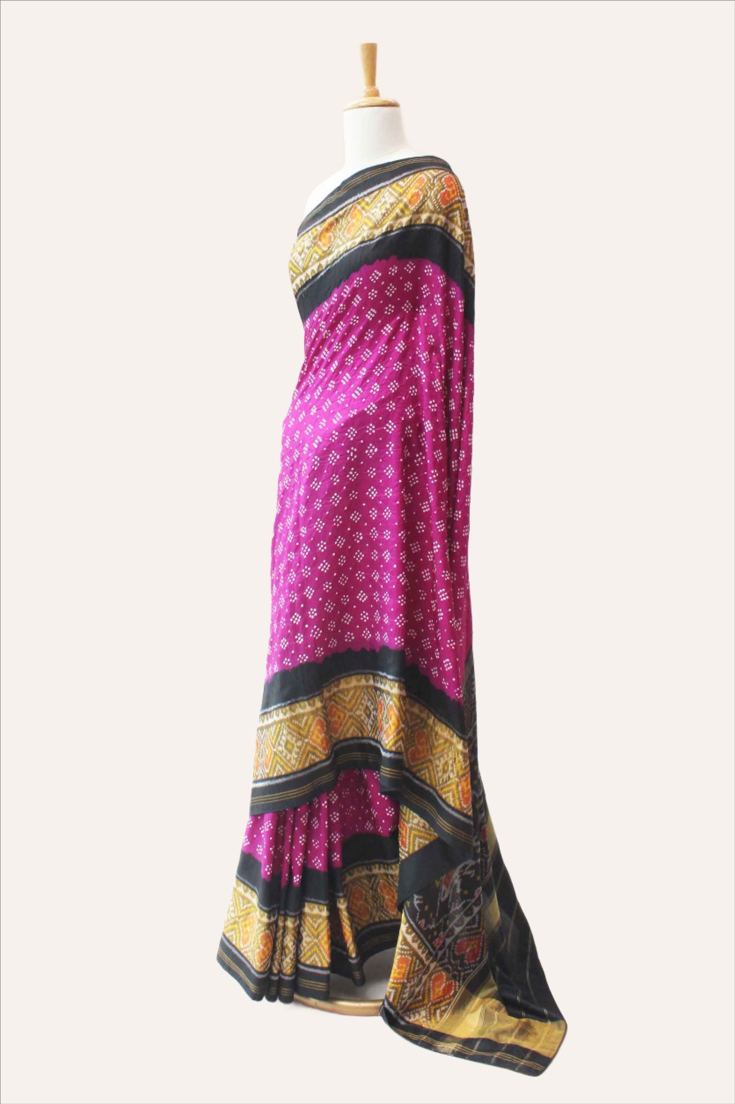 Magenta and Black Patola Border Saree with Bandhani