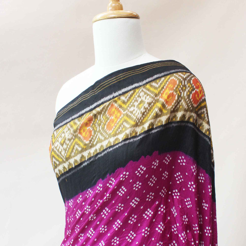 Magenta and Black Patola Border Saree with Bandhani